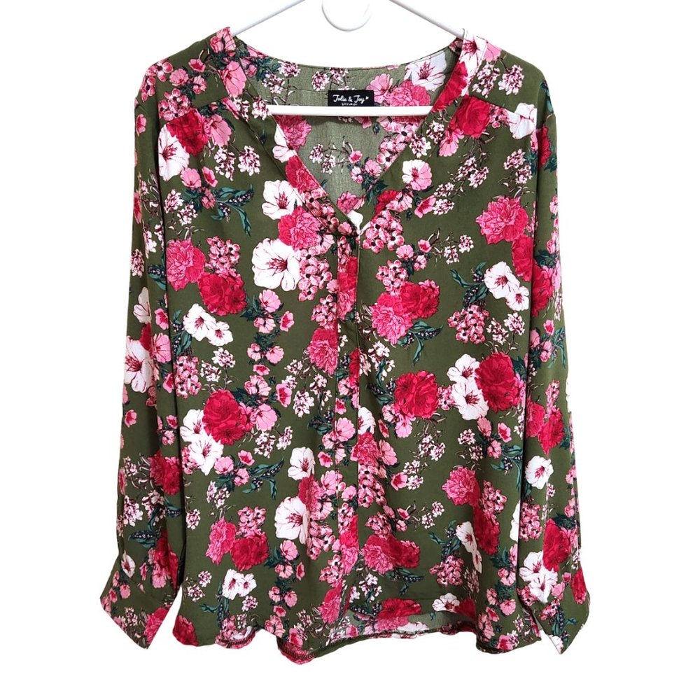Jolie & Joy Long Sleeved Pullover Blouse V-Neck Button Cuff Green & Pink…